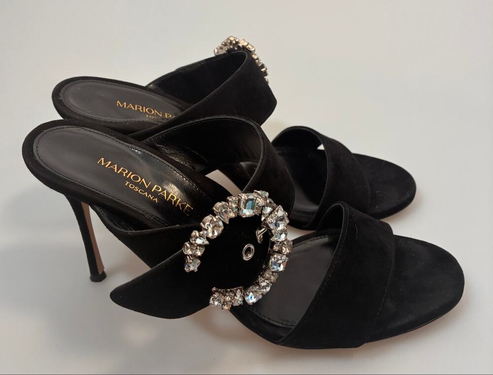 Marion Parke Lucia Crystal Buckle Black Suede Heels 40/US 10